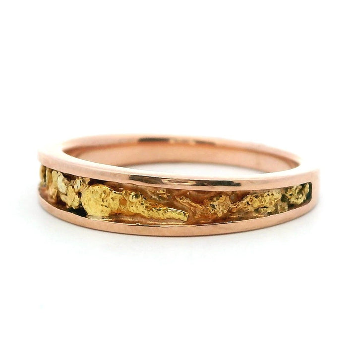 4X2mm Wide Straight Inlay Style Womans Wedding Bands With Gold Nugget 14 Karat Gold & Alaskan Gold Nugget Rose size 6