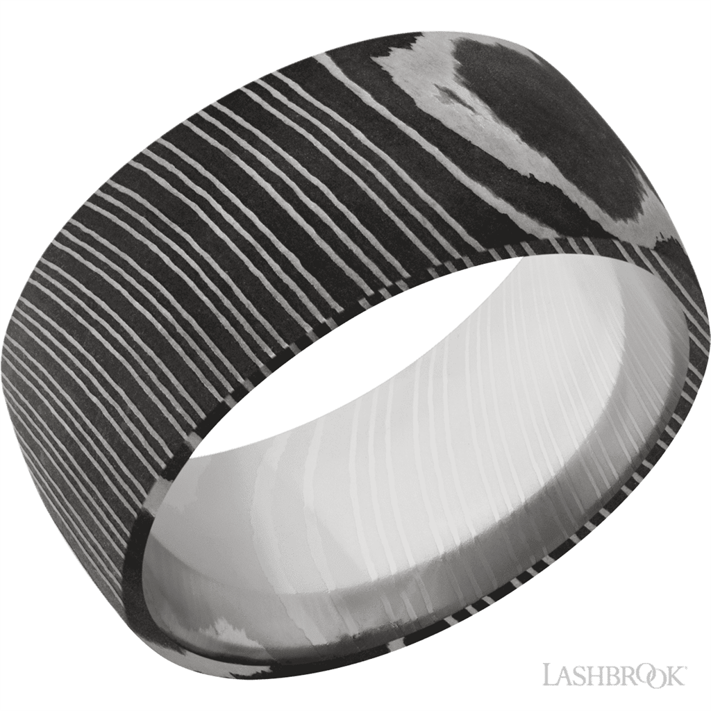 Silver & Black Damascus Steel Alternative Metal Ring 10mm wide Size 10