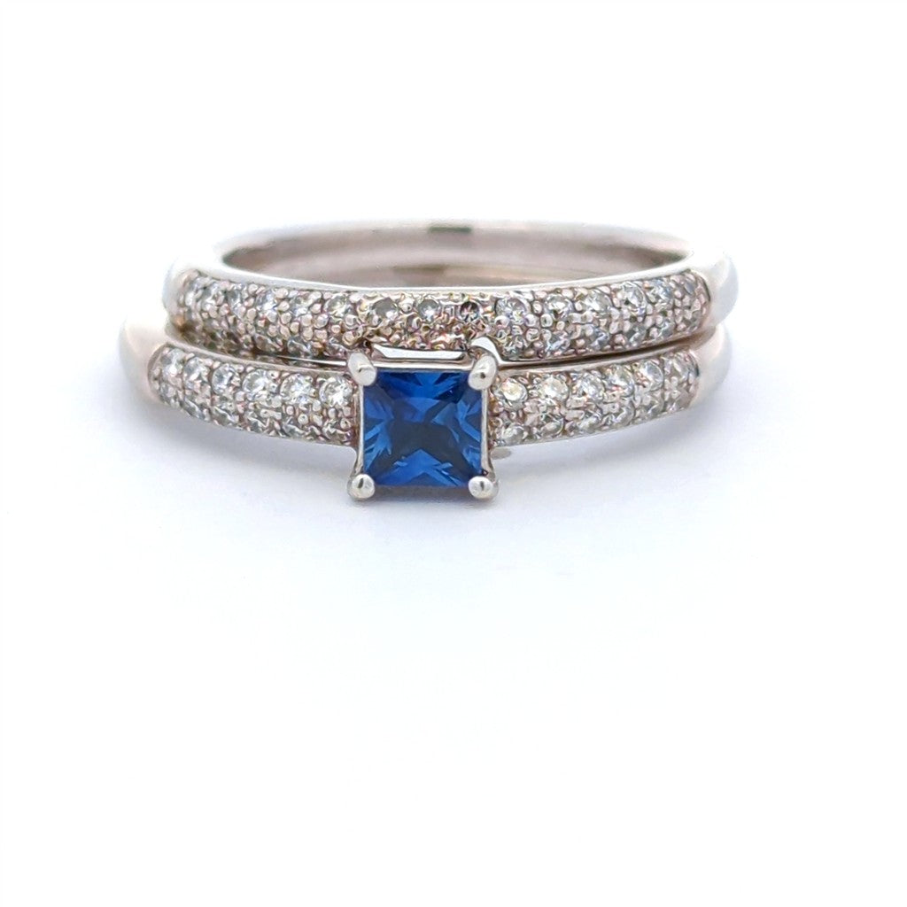 1/3 Carat Solitare Accent Style Engagement Ring White 14 Karat Gold With A Sapphire Center Stone And Diamonds Accent Stones