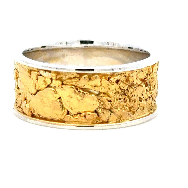 10mm Wide Straight Channel Style Mens Gold Nugget Wedding Band Continuum Silver & Alaskan Gold Nugget Two Tone size 11