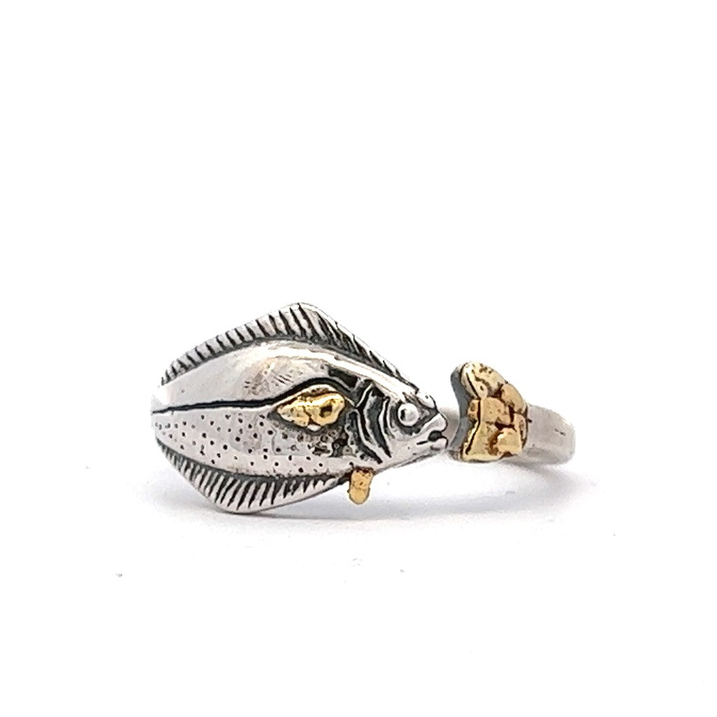 Halibut Adjustable Womens Alaskan Gold Nugget Fashion Ring Sterling Silver & Alaskan Gold Nugget Size 8
