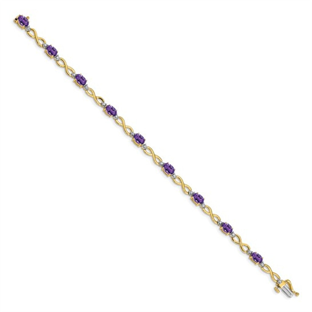 Continual Style Colored Stone Bracelet 10 Karat Gold Yellow With Amethysts & Diamonds Natural 7" Long