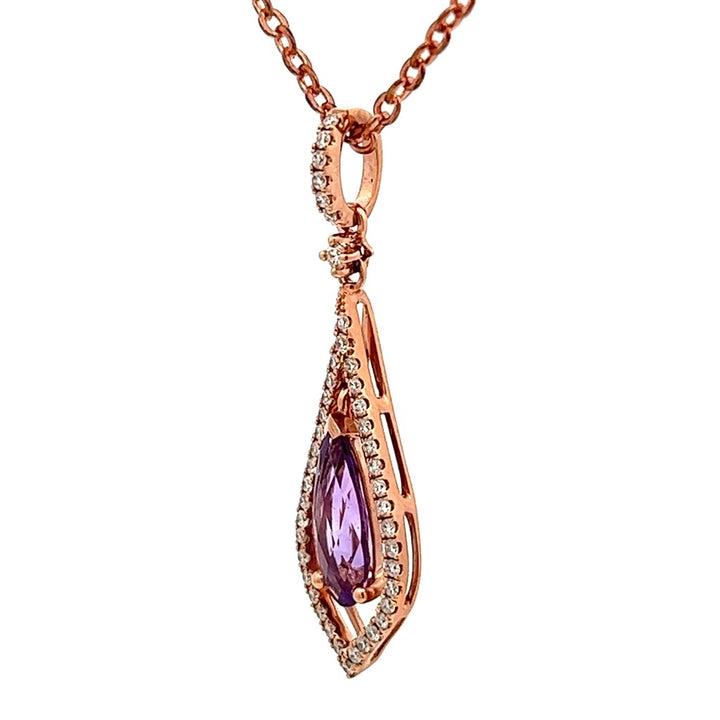 Halo Pendants 14 Karat Gold Rose with Pear Amethyst & Round H Diamonds