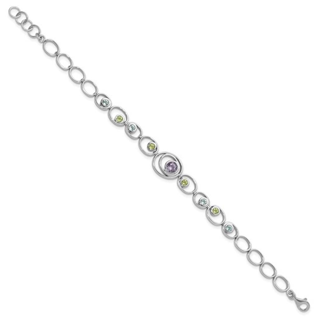 Clasp Style Colored Stone Bracelet .925 White With Amethyst & Peridot & Topaz 7.25" Long