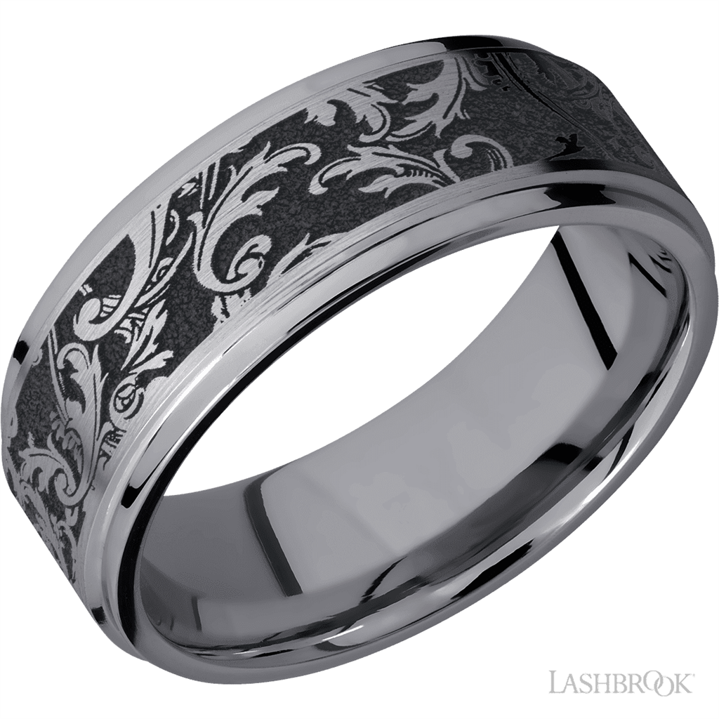 Silver & Black Tantalum Alternative Metal Ring 9mm wide with a Black Leaf pattern Size 11.75