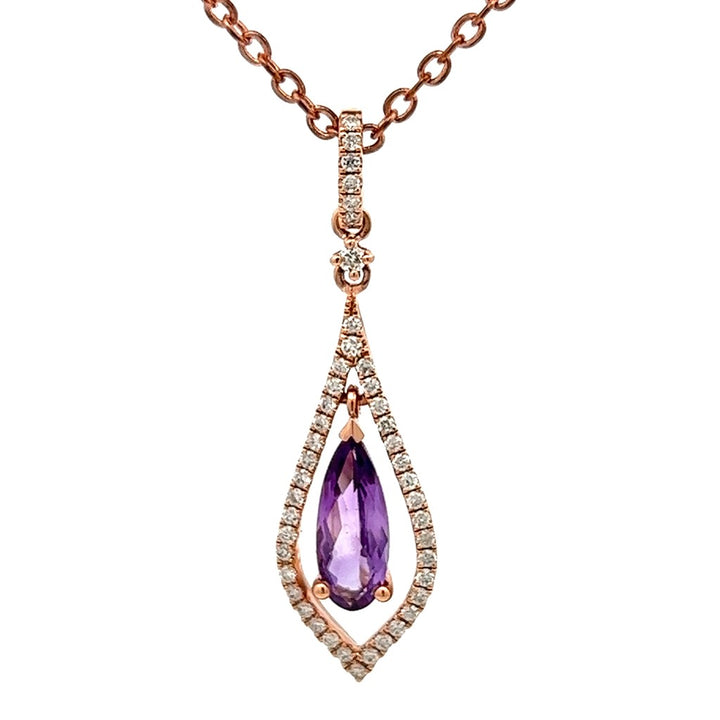 Halo Pendants 14 Karat Gold Rose with Pear Amethyst & Round H Diamonds