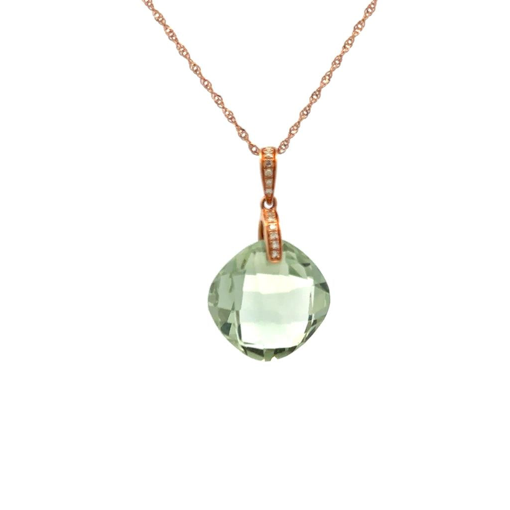 Solitare Pendants 14 KT Rose with Cushion Green Amethyst & Round Diamond