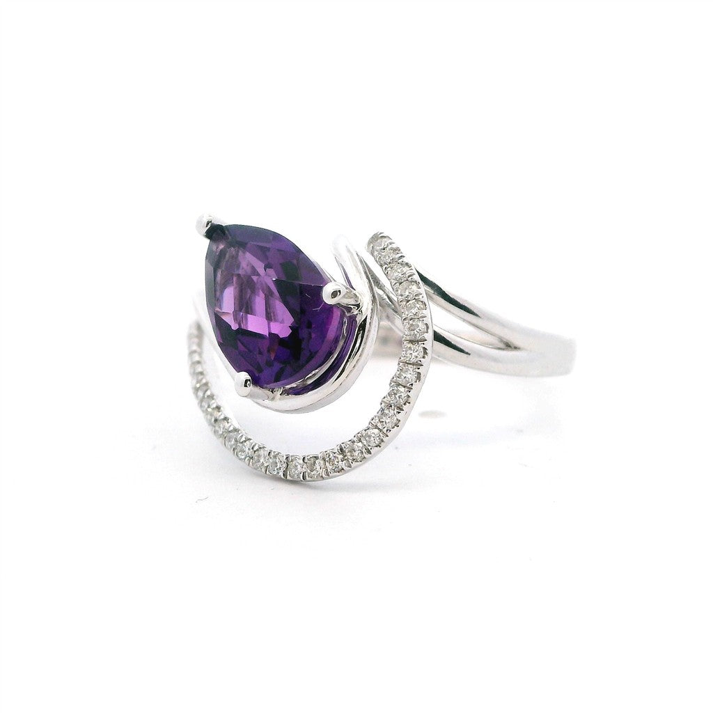 Free Form Style Colored Stone Ring 14 Karat White with Amethyst & Diamonds Accent size 7.25