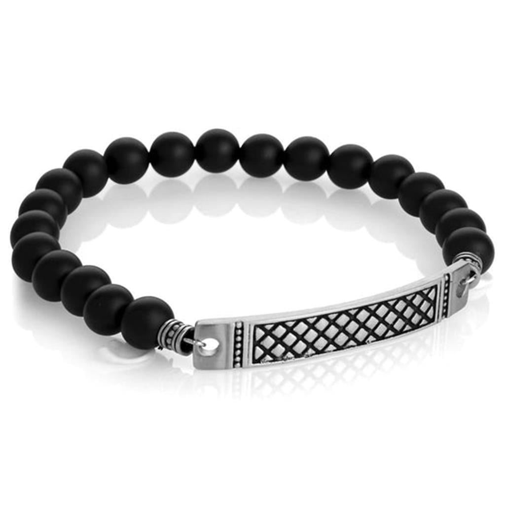 Stretch Style Gemstone Bead Bracelet Stainless Steel with Black Agate 8.7"