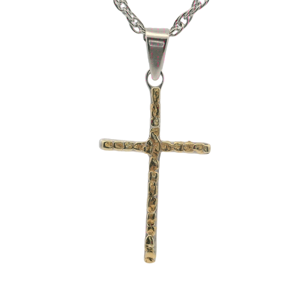 Cross Style Religeous Pendant Sterling Silver & Alaskan Gold Nugget