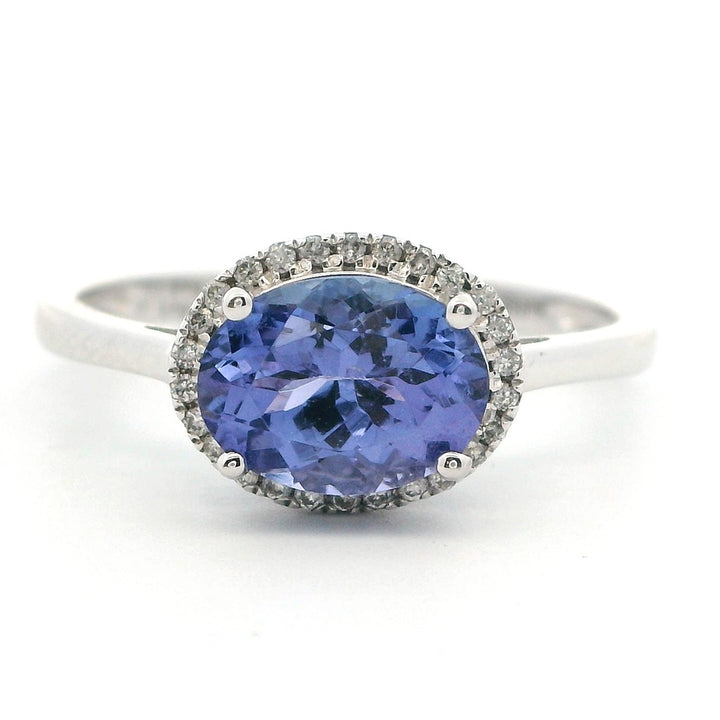 Halo Style Colored Stone Ring 14 Karat Gold White with Tanzanite & Diamonds Accent size 7