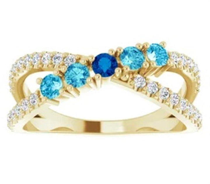 5 Stone Style Colored Stone Ring 14 Karat Gold Yellow with Aquas & Blue Zircon Accent & Sapphire Accent size 7