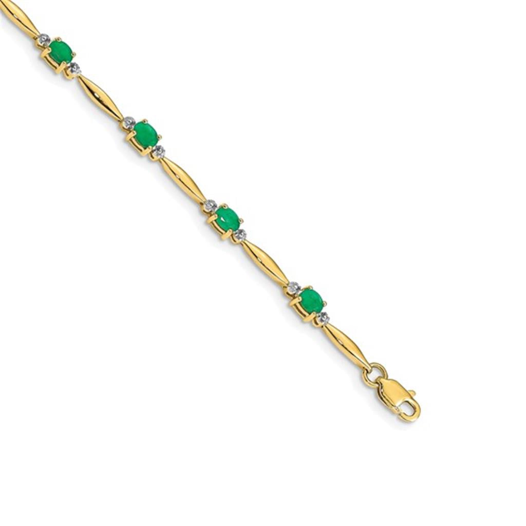 Link Style Colored Stone Bracelet 14 KT Yellow With Emeralds & Diamonds 7" Long