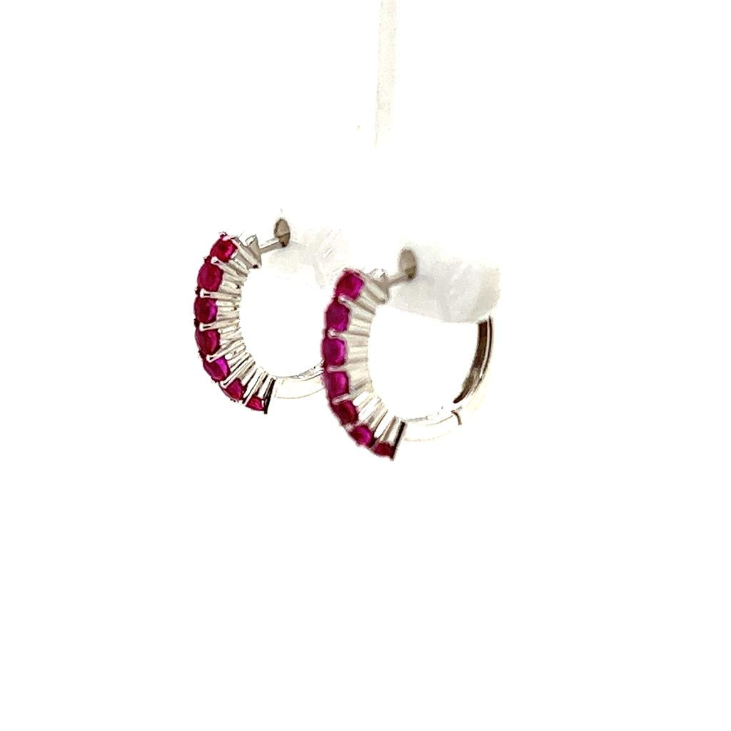 Earrings Precious Metal With Colored Stone Huggie Hoop 14 KT White With 1.37ctw Rubies
