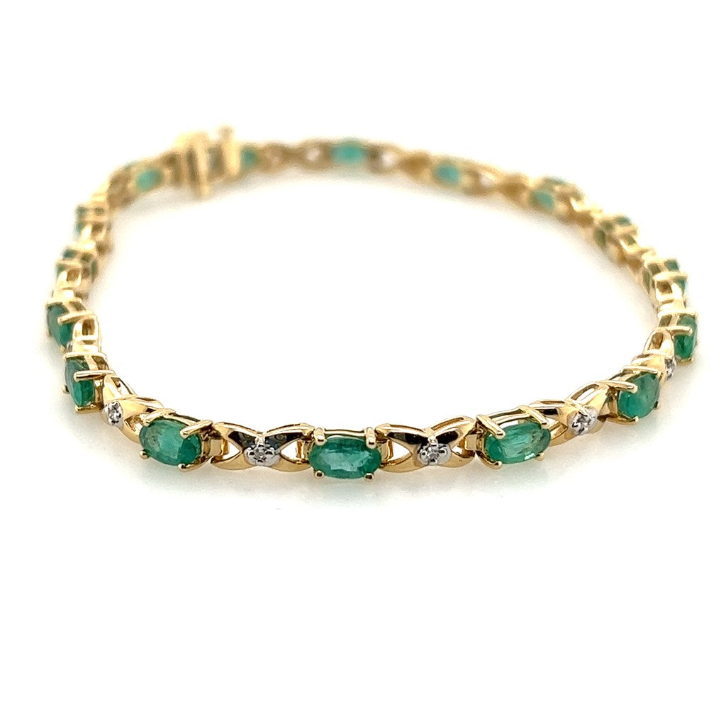 Link Style Colored Stone Bracelet 14 Karat Gold Yellow With Emerald & Diamond 7.5" Long