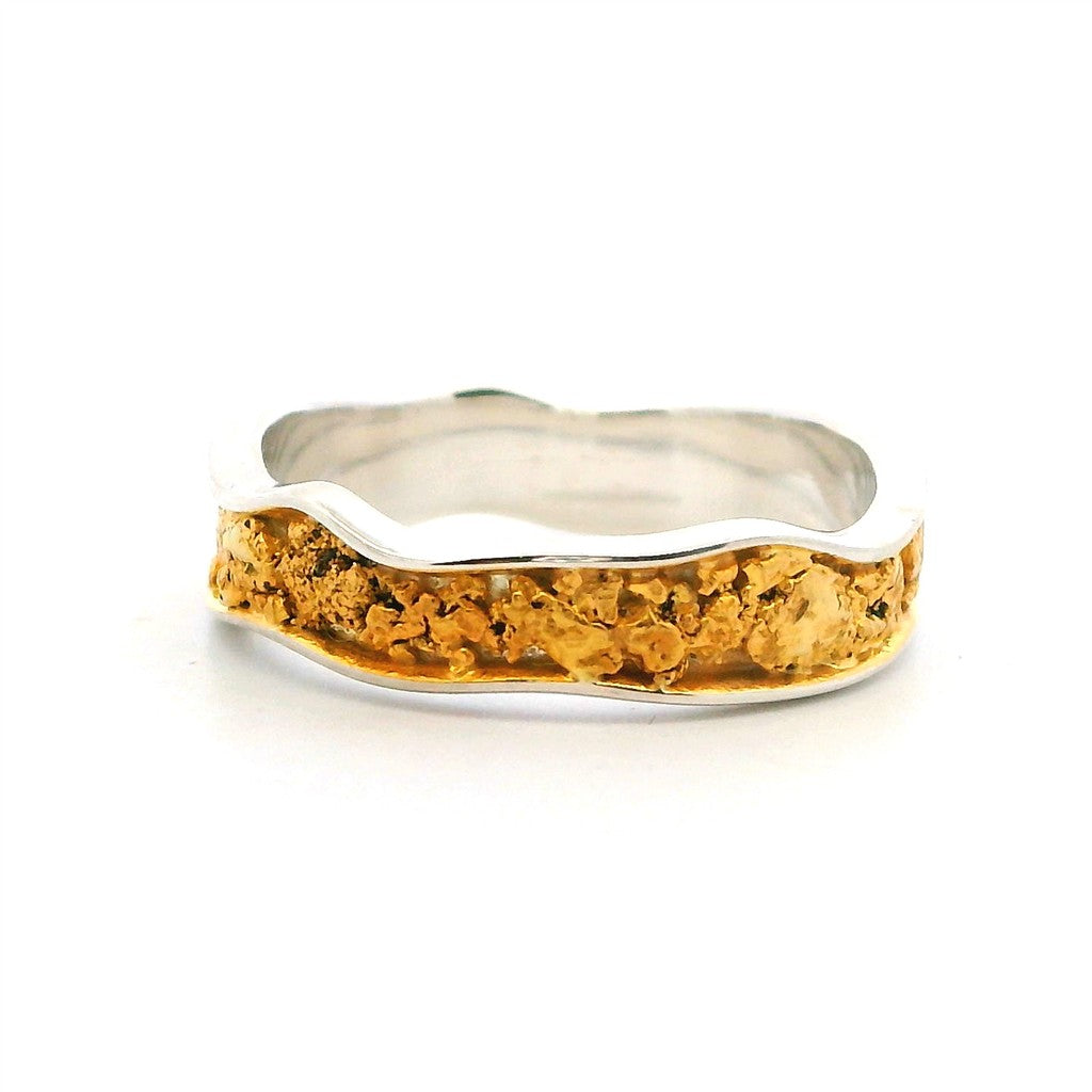 Straight Channel Band Womens Alaskan Gold Nugget Fashion Ring Sterling Silver & Alaskan Gold Nugget Size 8