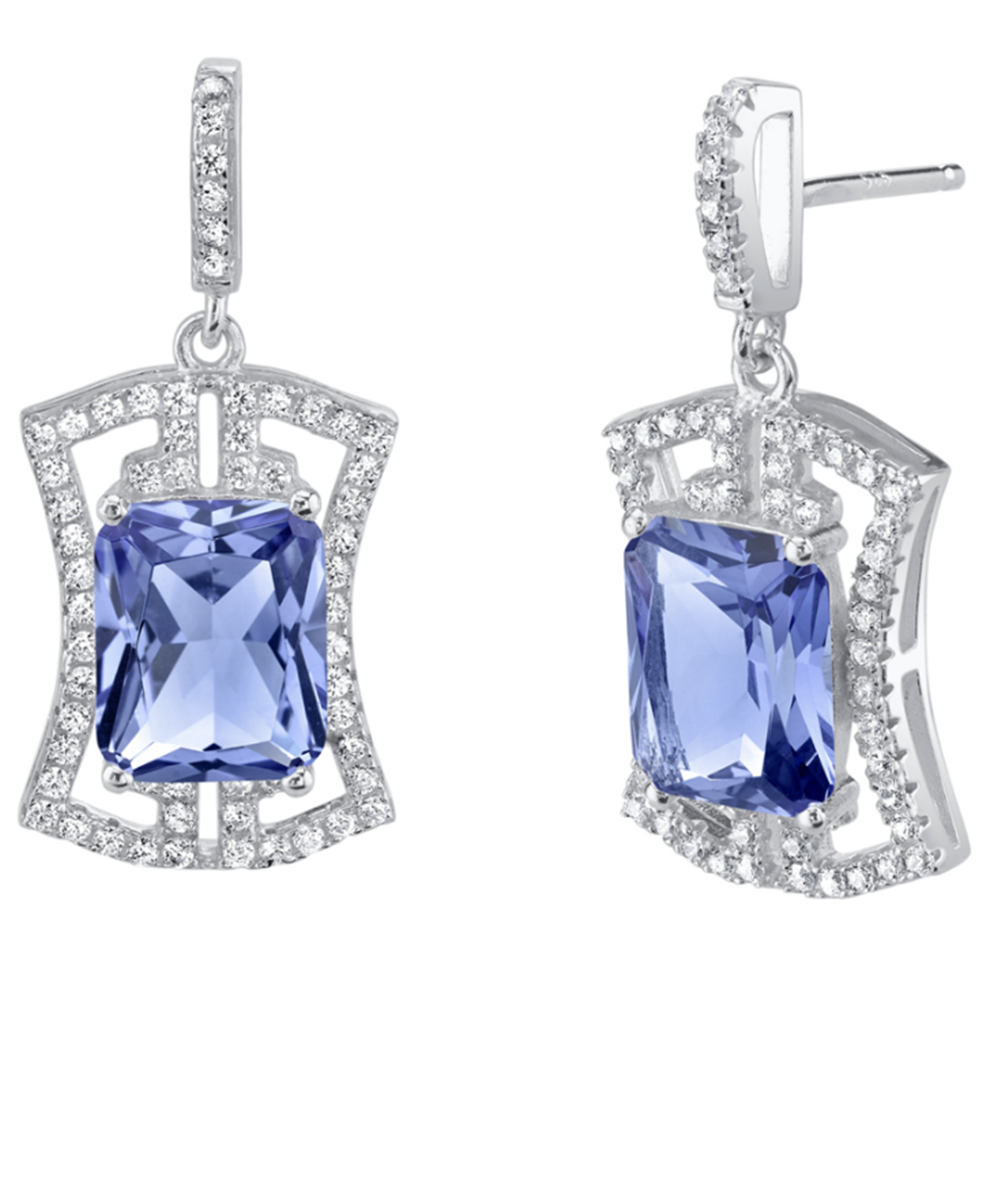 Stud Style .925 White With Cushion Tanzanites And Round Cubic Zirconia