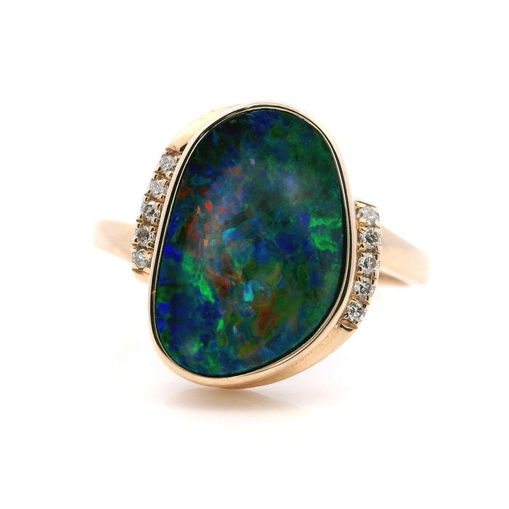 Free Form Style Colored Stone Ring 14 Karat Gold Yellow with Opal & Diamond Accent size 7.75