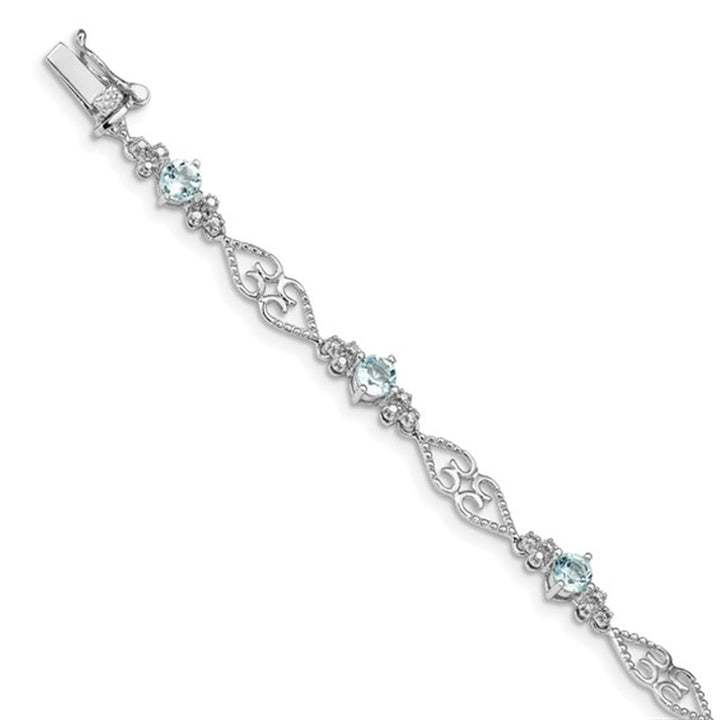 Clasp Style Gemstone Bracelet Sterling Silver White With Aqua & Aqua 7" Long