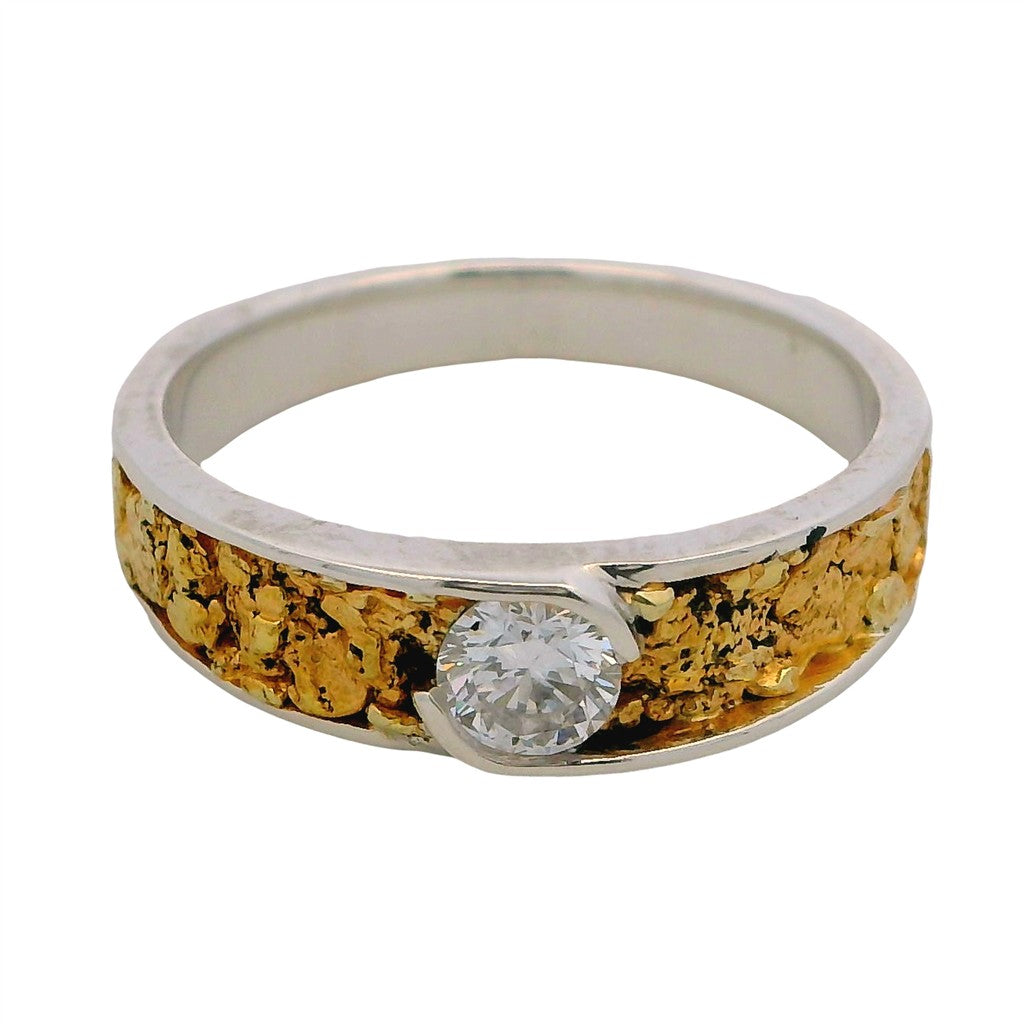 6X4 mm Wide Tapered Channel Style Mens Gold Nugget Wedding Band Continuum Silver & Alaskan Gold Nugget Two Tone size 10