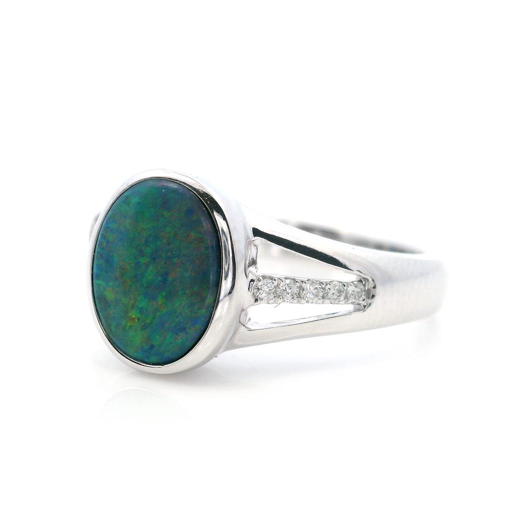 Geometric Style Colored Stone Ring 14 Karat Gold White with Opal & Diamond Accent size 7