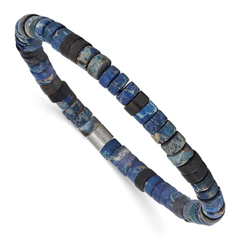 Stretch Style Gemstone Bead Bracelet Elastic with Blue Sediment & Black Agate 7.5"