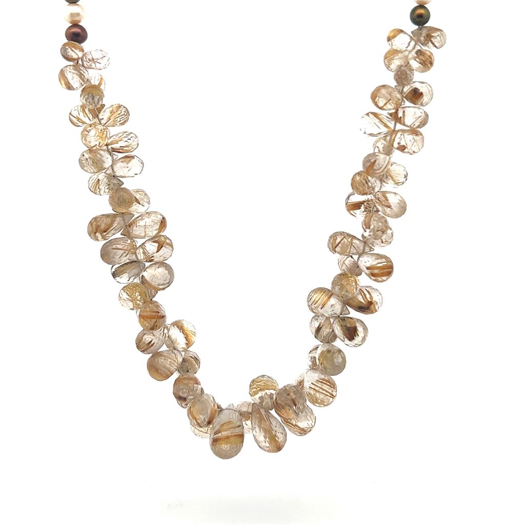 rutilated quartz Bead Necklace 14 KT White & Yellow 17" with Fresh Water Pearl Cultured & Quartz On a Fancy Chain Stainless Steel Yellow