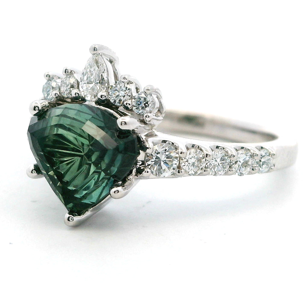 2CT Sapphire Fantasy Cut With Diamond Accents 14KT White Gold Ring