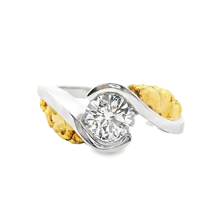 Bypass Diamond Engagement Ring Two Tone 14 Karat Gold & Alaskan Gold Nugget With A 1.00 Carat Round Shape Diamond Center