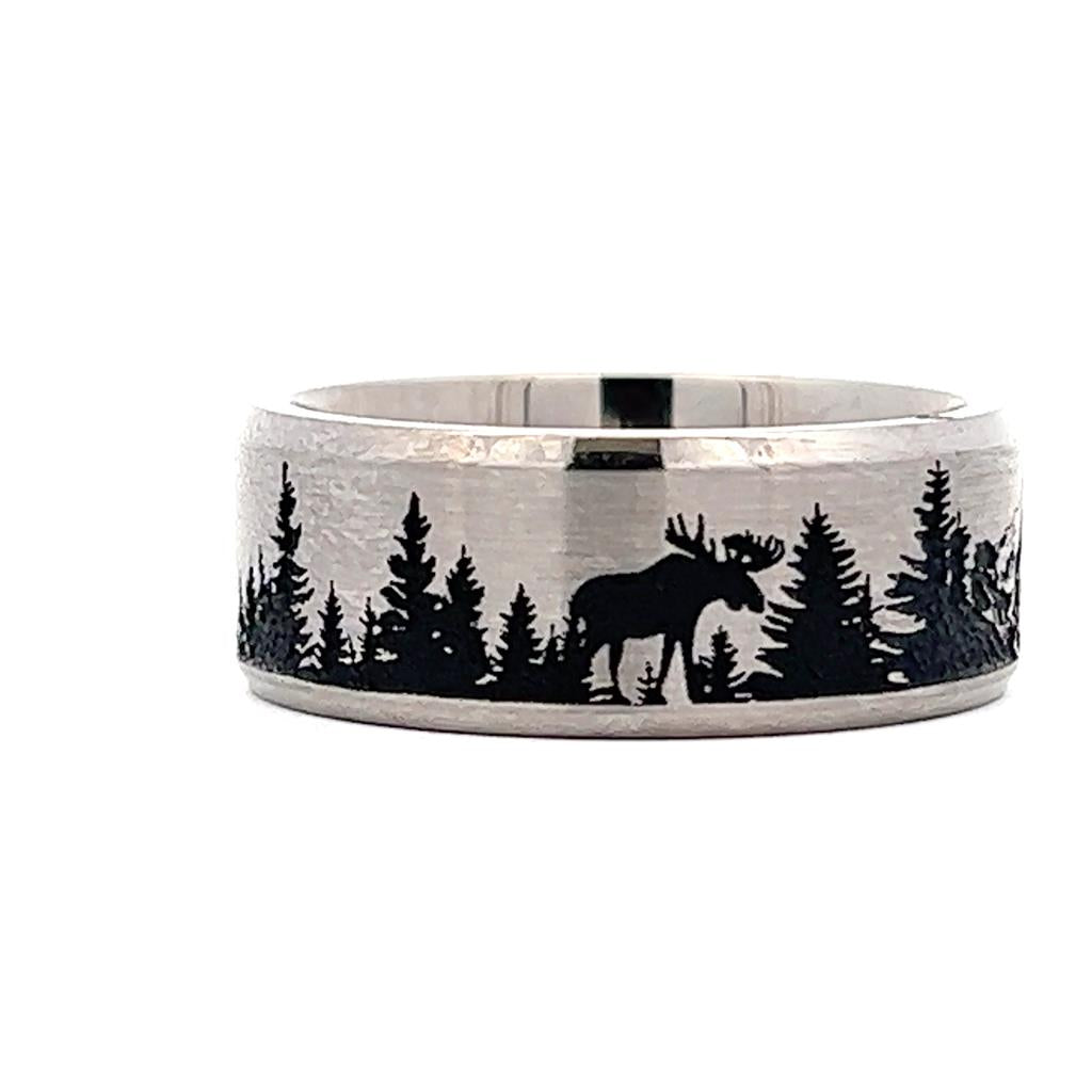 Silver & Black Titanium Alternative Metal Ring 9mm wide with a Bear Moose Deer Mountain pattern Black Color Size 10