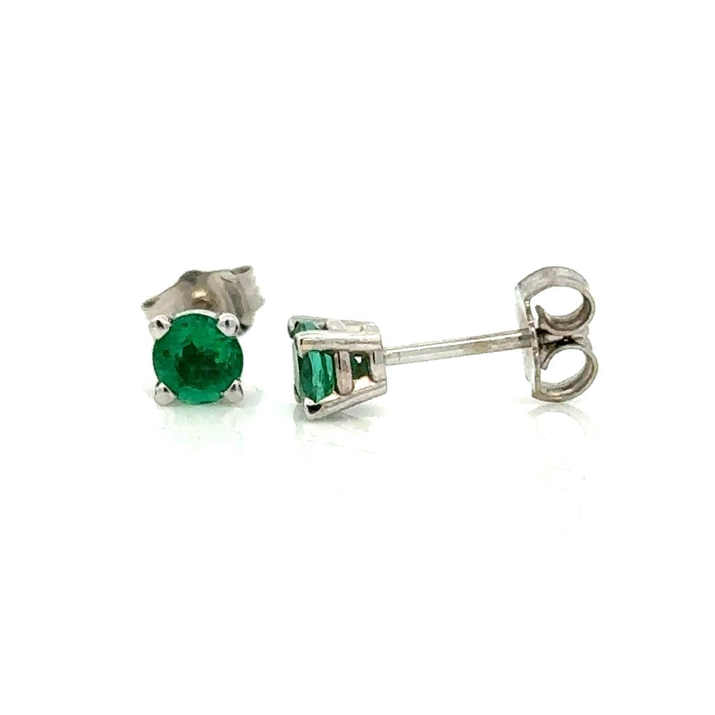 14 KT White Stud Earrings 0.54ctw Round Emeralds