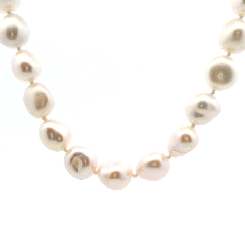 Single Strand Knotted Pearl Strand Necklace Strung on 14 Karat 16" Long with White Cultured Near Round Fresh Water Pearl