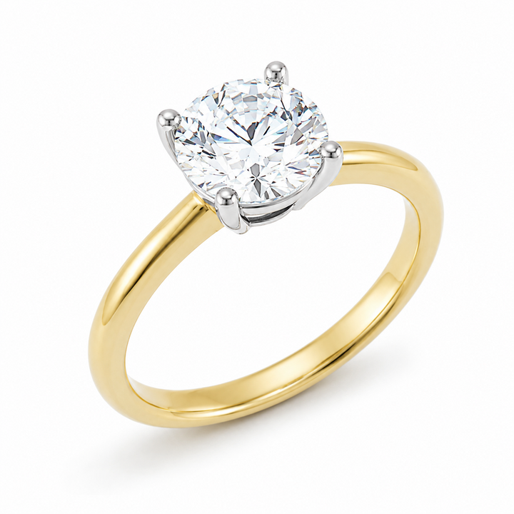 Solitare Engagement Ring Two Tone 14 Karat Gold With A 1.30 Carat Round Shape Moissanite Center
