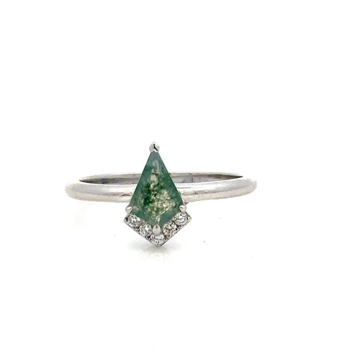 Geometric Style Colored Stone Ring 14 KT White with Moss Agate & Diamonds Accent size 7