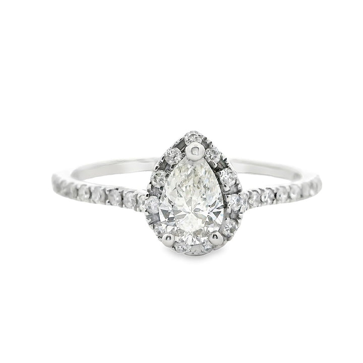 Halo Diamond Engagement Ring White 14 Karat Gold With A 0.40 Carat Pear Shape Diamond Center & Round Shape Diamond Side Stones