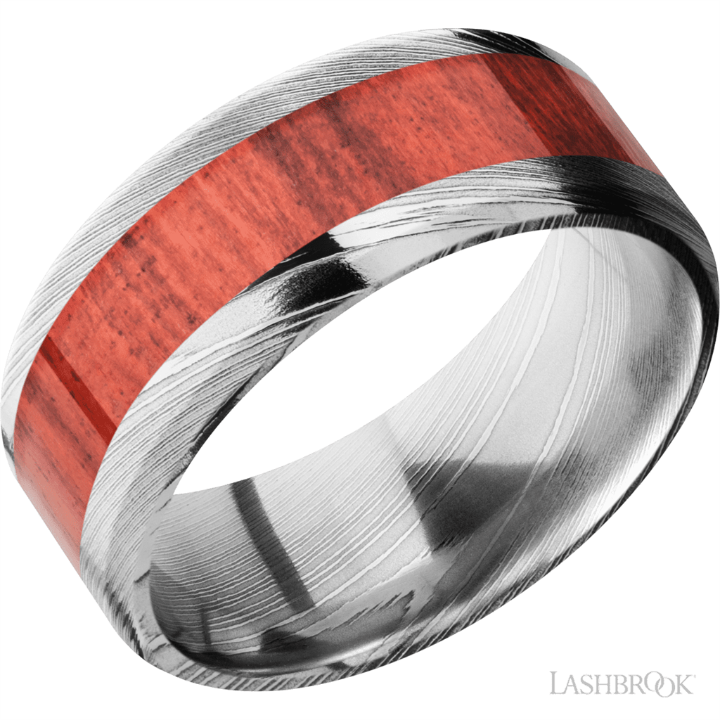 White Damascus Steel Alternative Metal Ring 9mm wide Red Heart Size 12.25