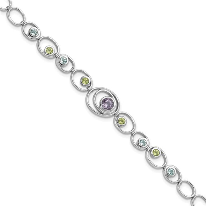 Clasp Style Colored Stone Bracelet .925 White With Amethyst & Peridot & Topaz 7.25" Long