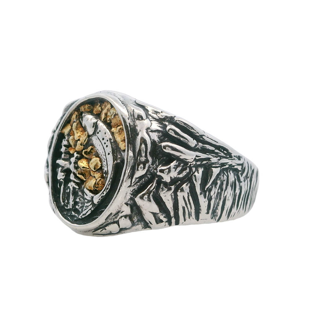 Fish Style Signet Men's Ring Sterling Silver & Alaskan Gold Nugget Size 9