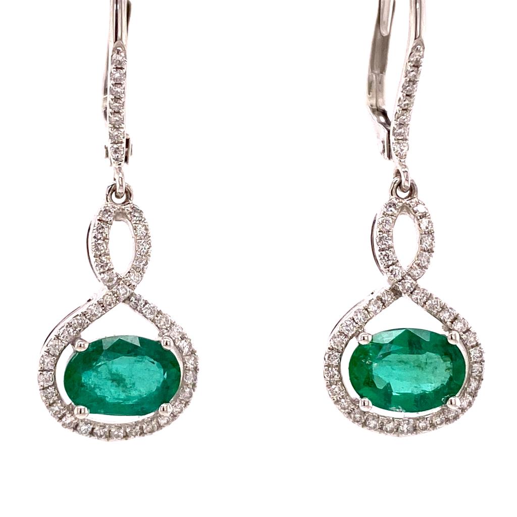 Earrings Precious Metal With Colored Stone Dangle Drop 14 KT White With Emeralds & Emeralds 0.27 ctw & Diamonds