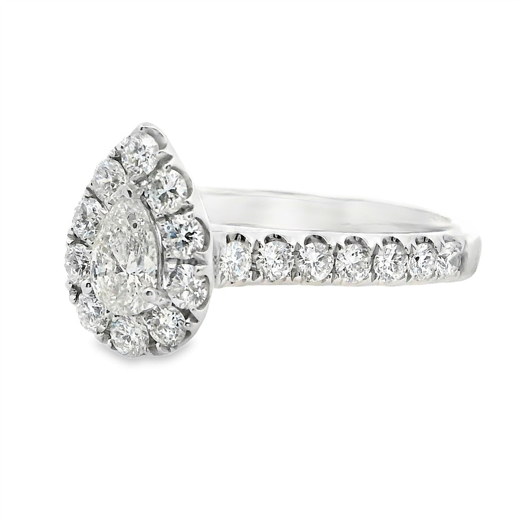 Halo Diamond Engagement Ring White 14 Karat Gold With A 0.33 Carat Pear Shape Diamond Center & Round Shape Diamonds Side Stones