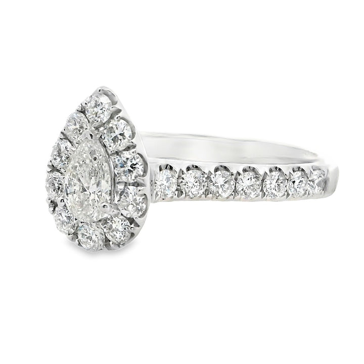 Halo Diamond Engagement Ring White 14 Karat Gold With A 0.33 Carat Pear Shape Diamond Center & Round Shape Diamonds Side Stones