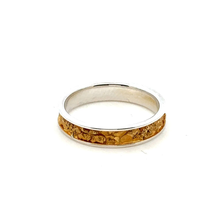 4mm Wide Straight Channel Style Womans Wedding Bands With Gold Nugget Continuum Silver & Alaskan Gold Nugget Two Tone size 7