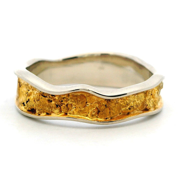 6mm Wide Straight Channel Style Womans Wedding Bands With Gold Nugget 14 Karat Gold Two Tone size 7