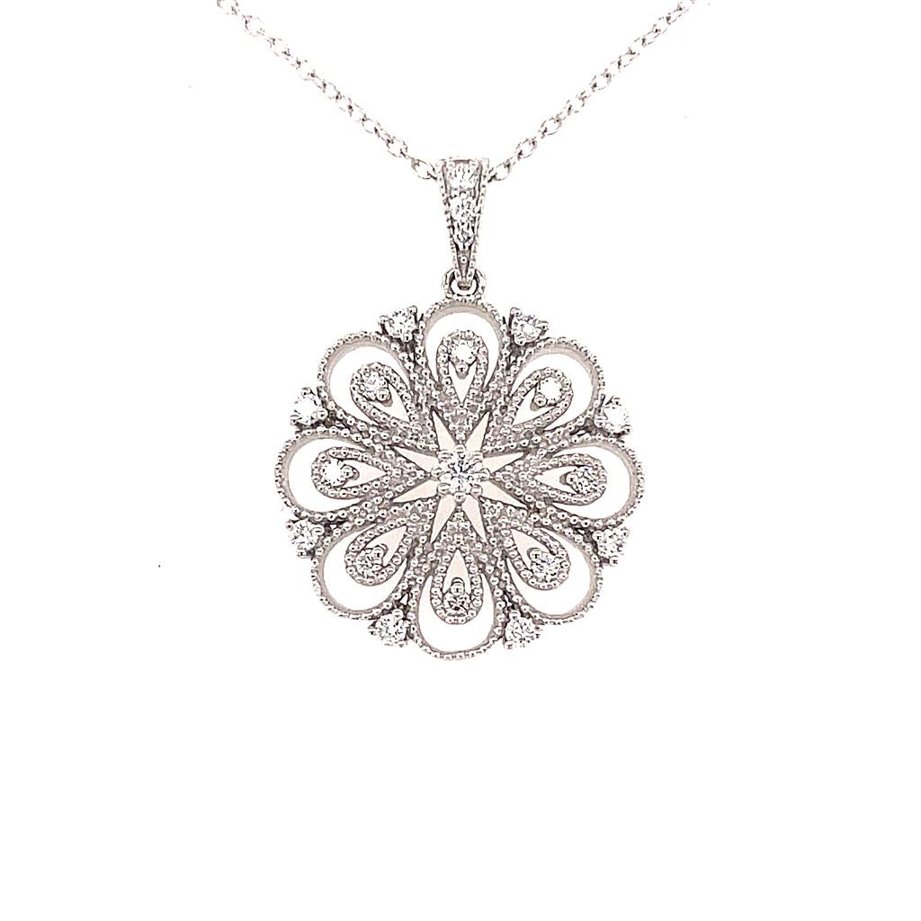 Floral Cluster Drop Pendant Diamond 14 KT White with Round G/H Diamond & Round Diamonds