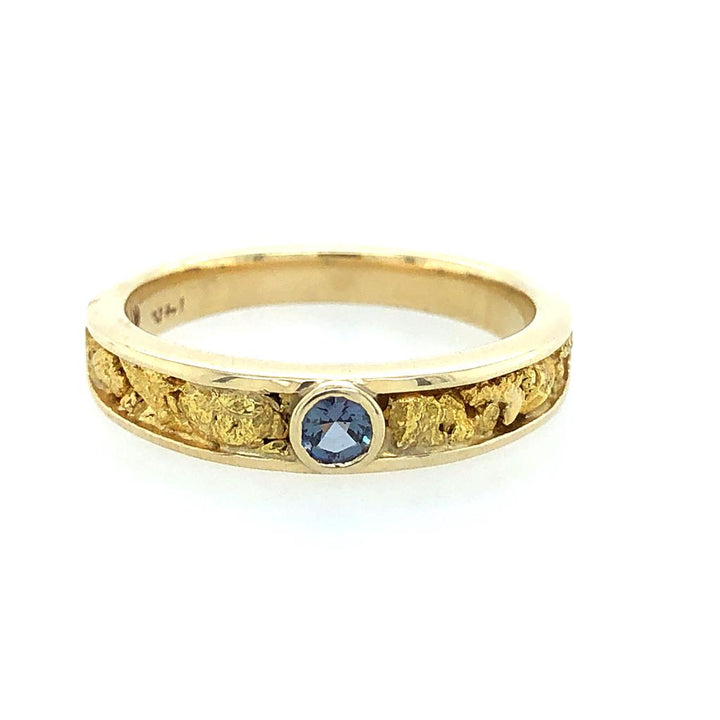 Tapered Channel Style Womans Wedding Bands With Gold Nugget 14 KT Yellow with Alexandrite size 7