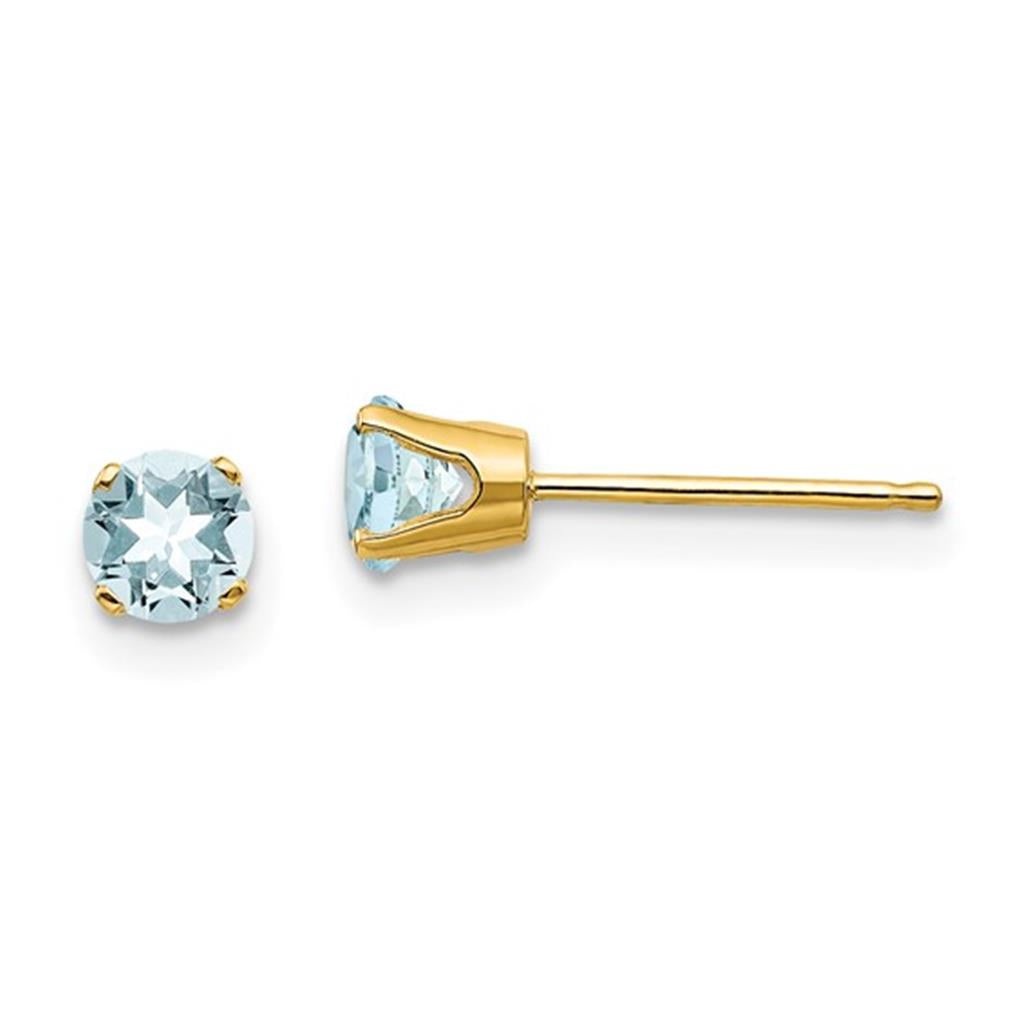 14 KT Yellow Birth Stone Stud Earrings With 4mm Round Aquas