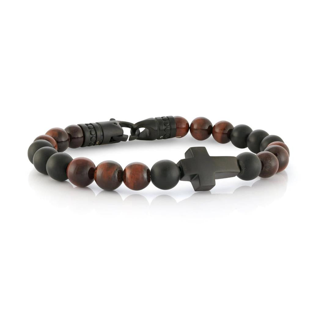 Clasp Style Gemstone Bead Bracelet Stainless Steel Cross with Red - Black Tigers Eye 8.5"