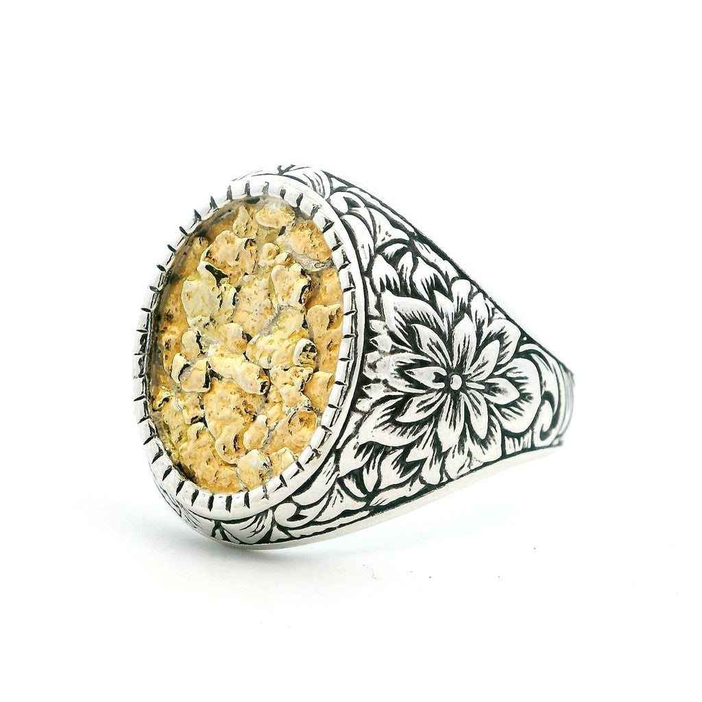 Floral Style Signet Men's Ring Sterling Silver & Alaskan Gold Nugget Size 9