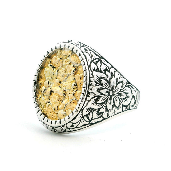 Floral Style Signet Men's Ring Sterling Silver & Alaskan Gold Nugget Size 9