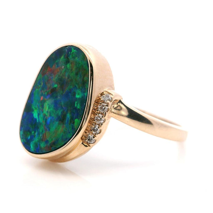 Free Form Style Colored Stone Ring 14 Karat Gold Yellow with Opal & Diamond Accent size 7.75